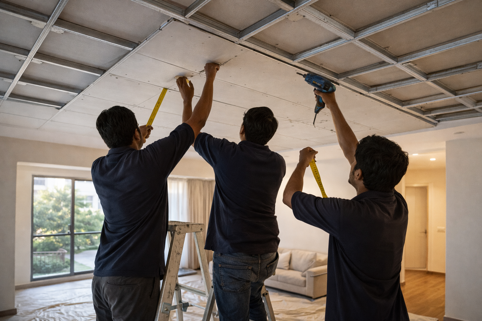 Elysian False Ceiling team at work on a premium ceiling installation in Bangalore