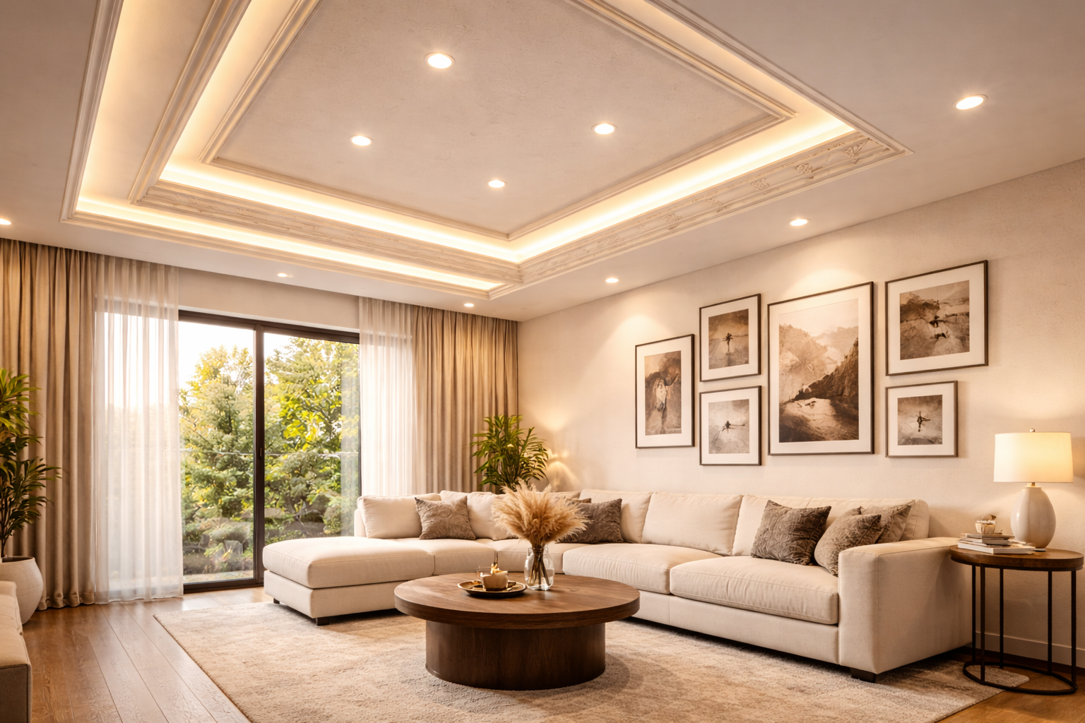 Living room with multi-level false ceiling and cove lighting — Indian home design