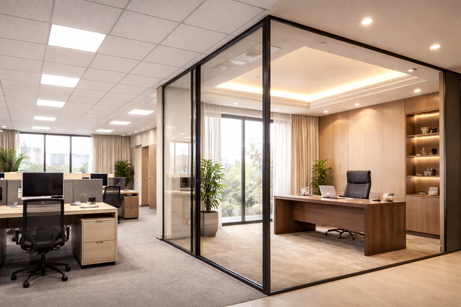 Office space with grid ceiling versus gypsum board ceiling comparison — Bangalore