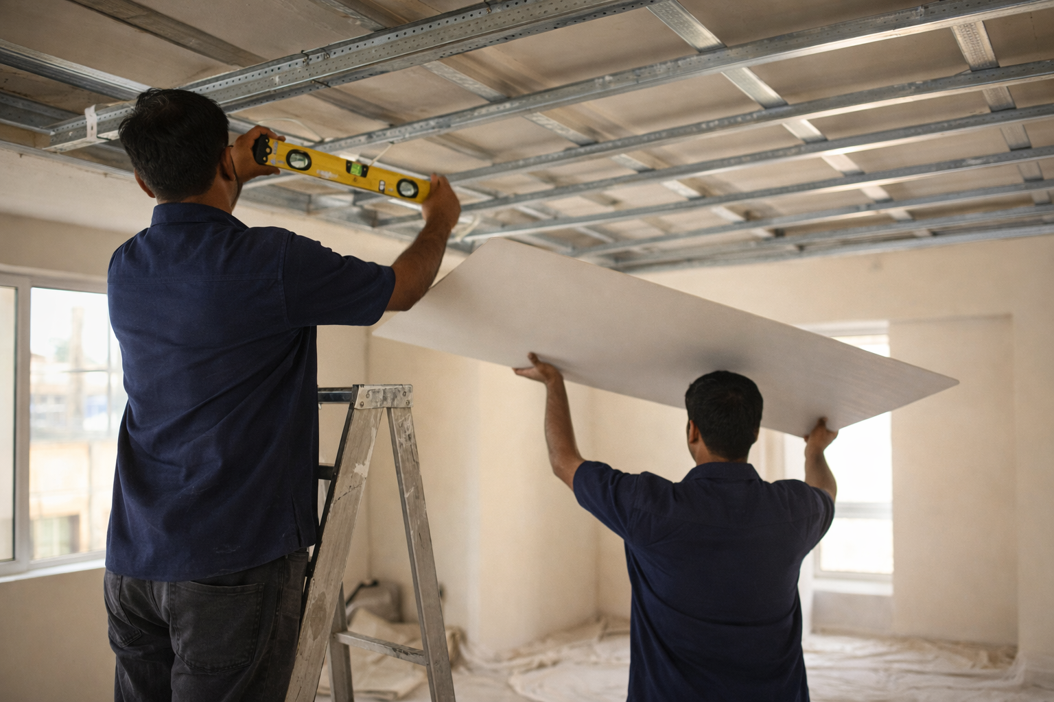 Elysian team at work on false ceiling installation in Bangalore