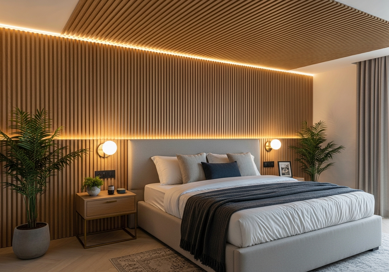 Master bedroom headboard wall with light oak fluted panels and ceiling return, Nagarbhavi — Elysian False Ceiling