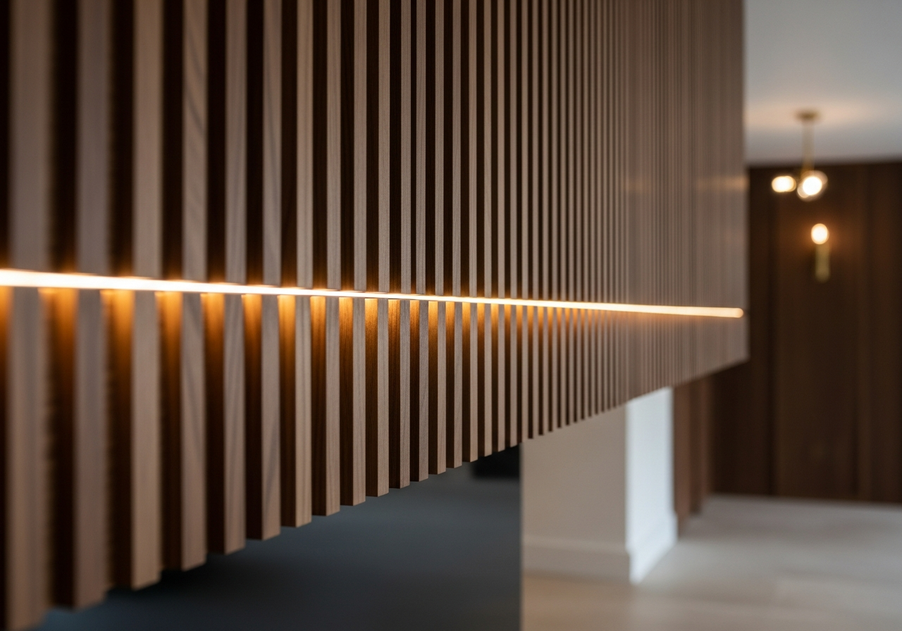 Ceiling junction detail showing LED strip concealed behind fluted panel return — Elysian False Ceiling