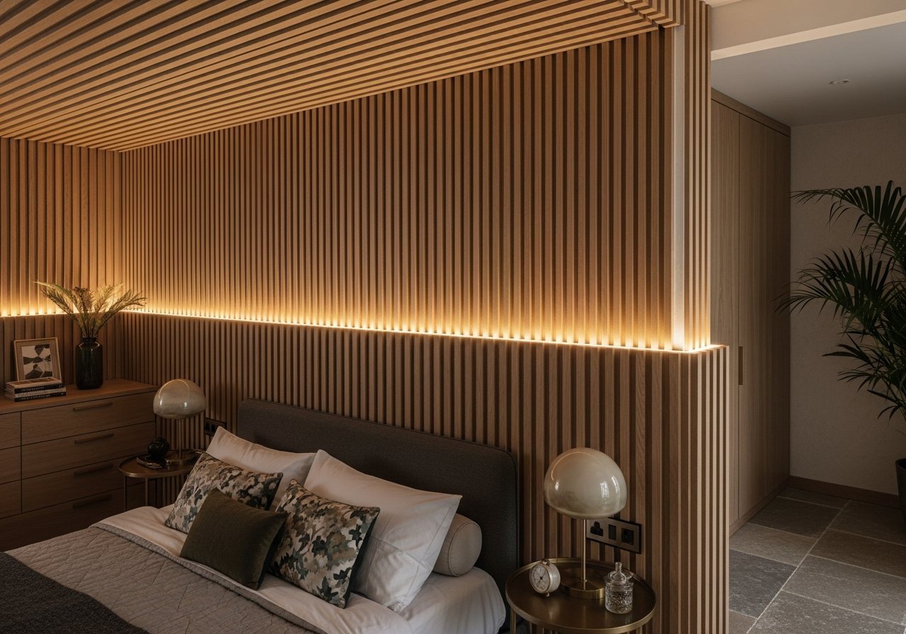 Bedroom view showing fluted wall creating boutique hotel atmosphere — Elysian False Ceiling