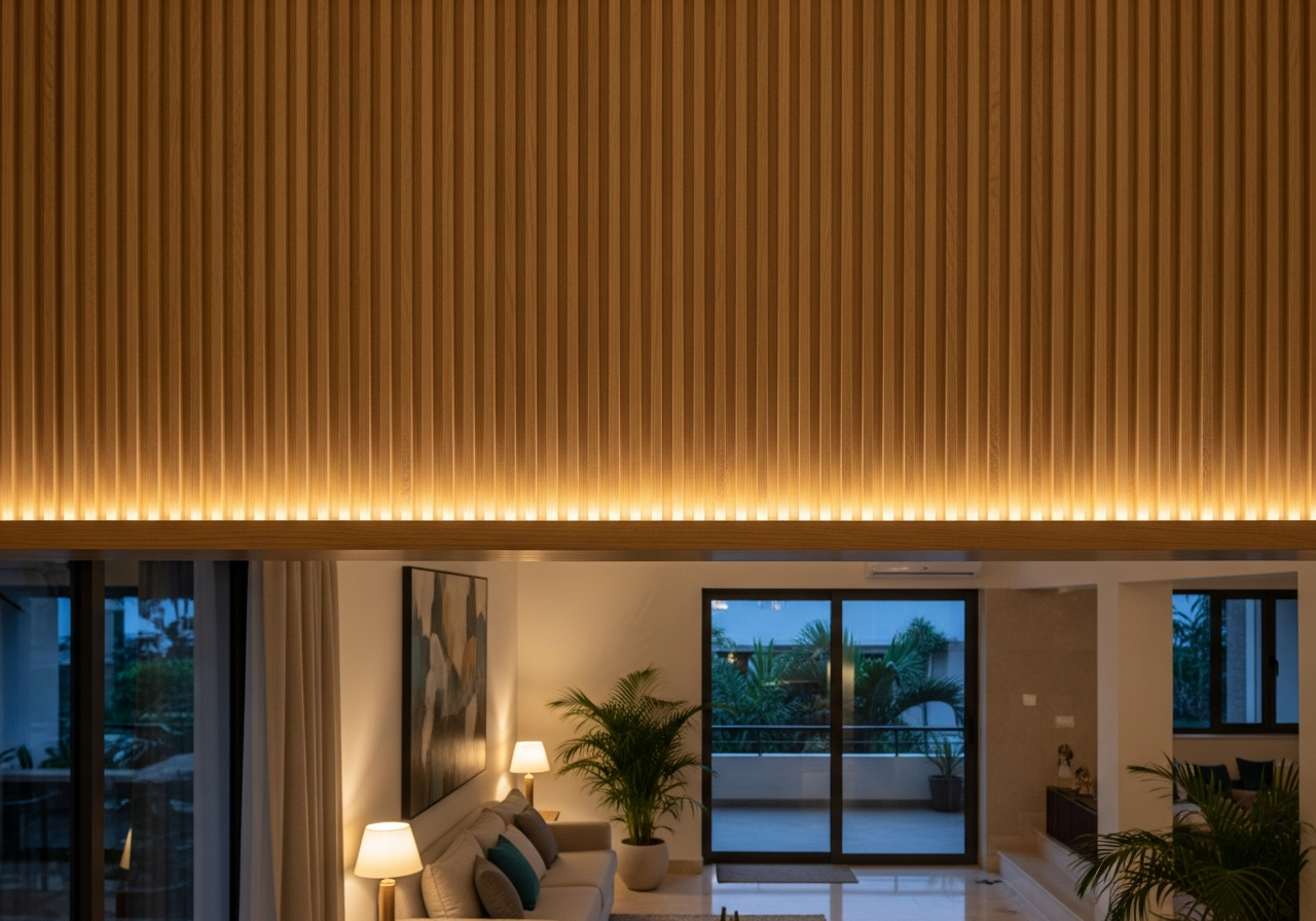 Close-up of light oak fluted panel grain and shadow detail — Elysian False Ceiling