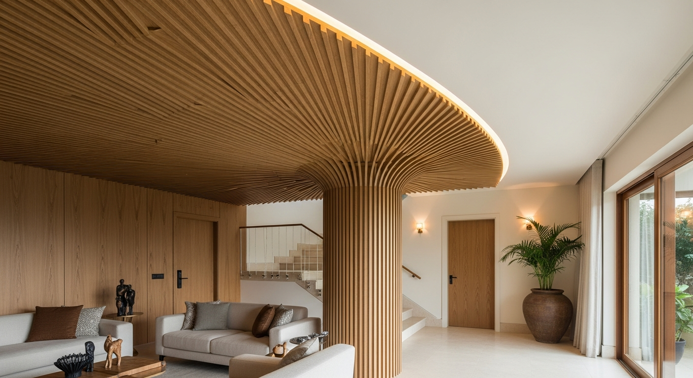 Fluted panelling bedroom headboard wall residential villa Nagarbhavi Bangalore — Elysian False Ceiling