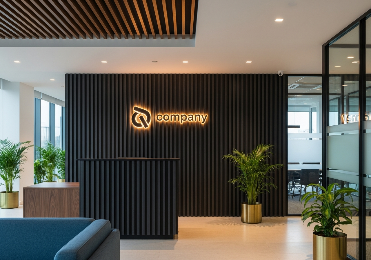 Office reception with charcoal fluted panel wall and backlit acrylic logo, Marathahalli — Elysian False Ceiling