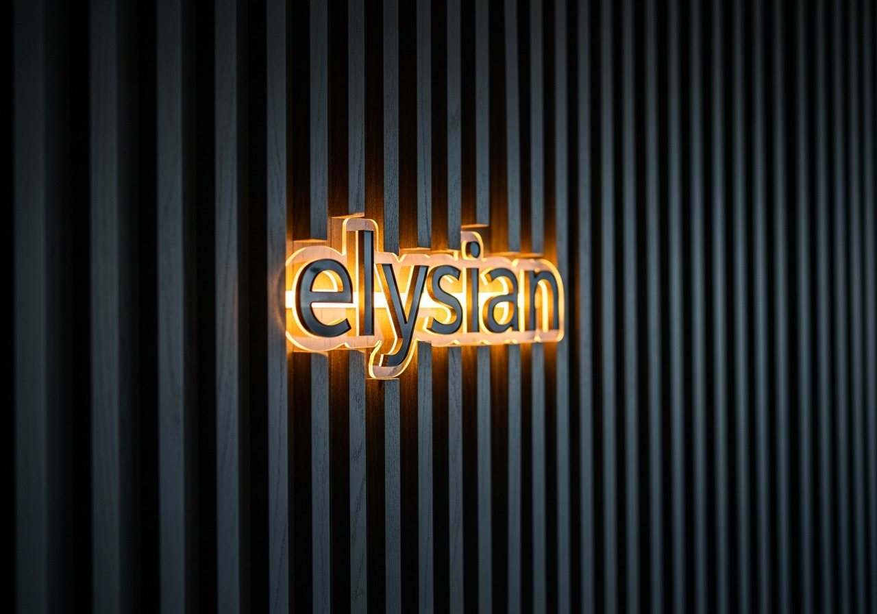 Close-up of backlit company logo against charcoal fluted panel texture — Elysian False Ceiling