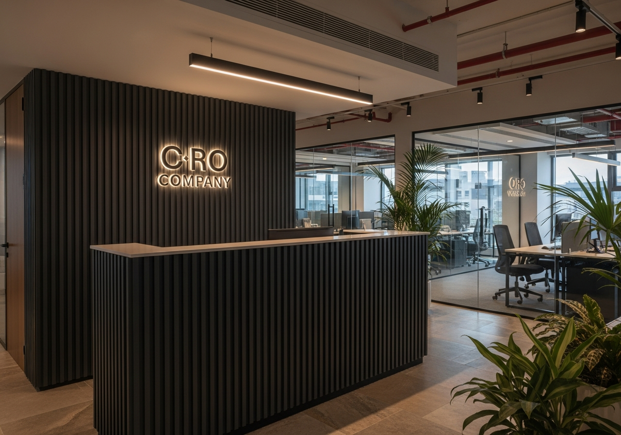 Reception desk view showing full fluted panel backdrop — Elysian False Ceiling