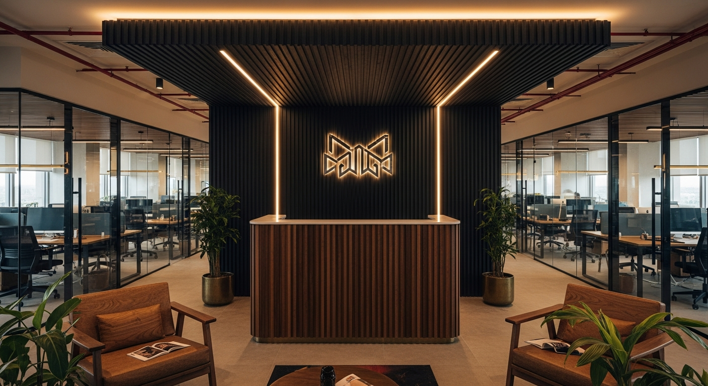 Fluted panelling reception backlit logo commercial office Marathahalli Bangalore — Elysian False Ceiling