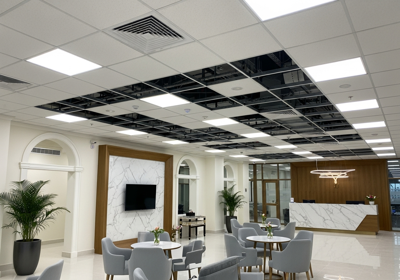 Night-shift installation of grid framework in bank branch — Elysian False Ceiling
