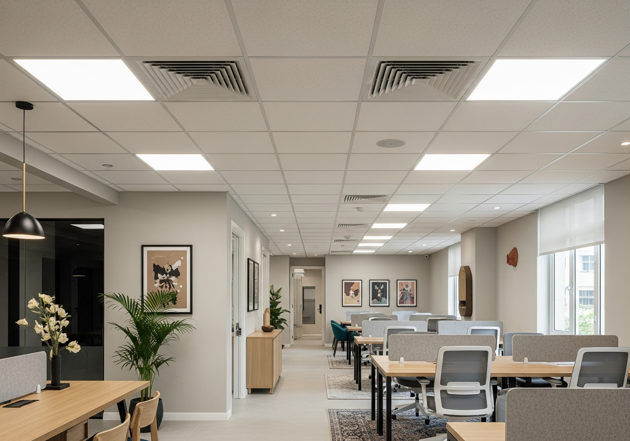 Open-plan co-working space with Armstrong grid ceiling and panel lights, Koramangala — Elysian False Ceiling