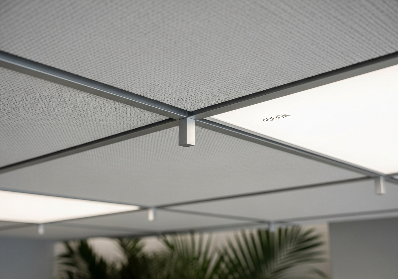 Close-up of T-bar grid junction with mineral fibre tile in co-working space — Elysian False Ceiling