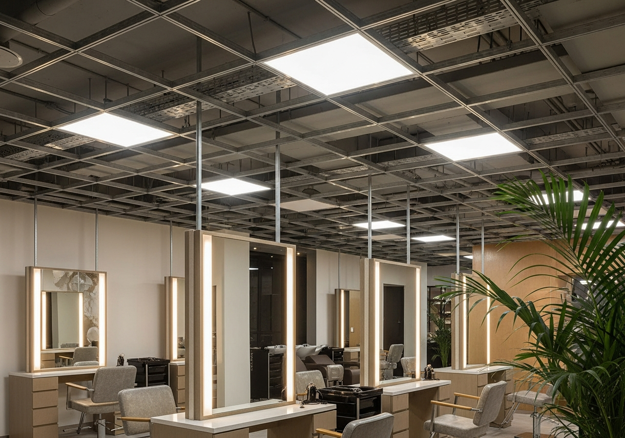 Grid ceiling installation showing main runners being suspended from structural slab — Elysian False Ceiling
