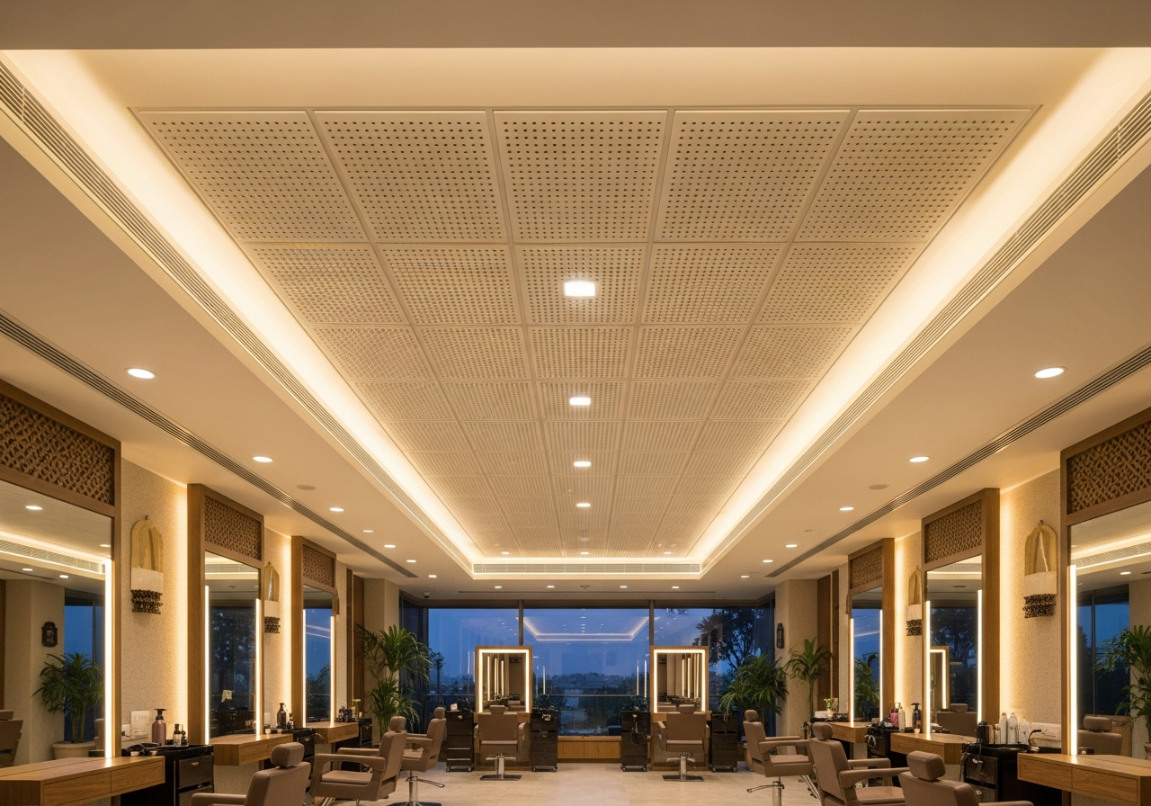 Wide shot of 4,500 sq.ft co-working floor with uniform Armstrong grid ceiling — Elysian False Ceiling