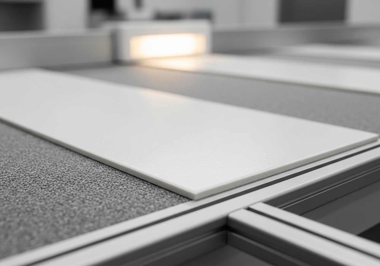USG Boral cleanroom tile surface detail showing smooth sealed finish — Elysian False Ceiling