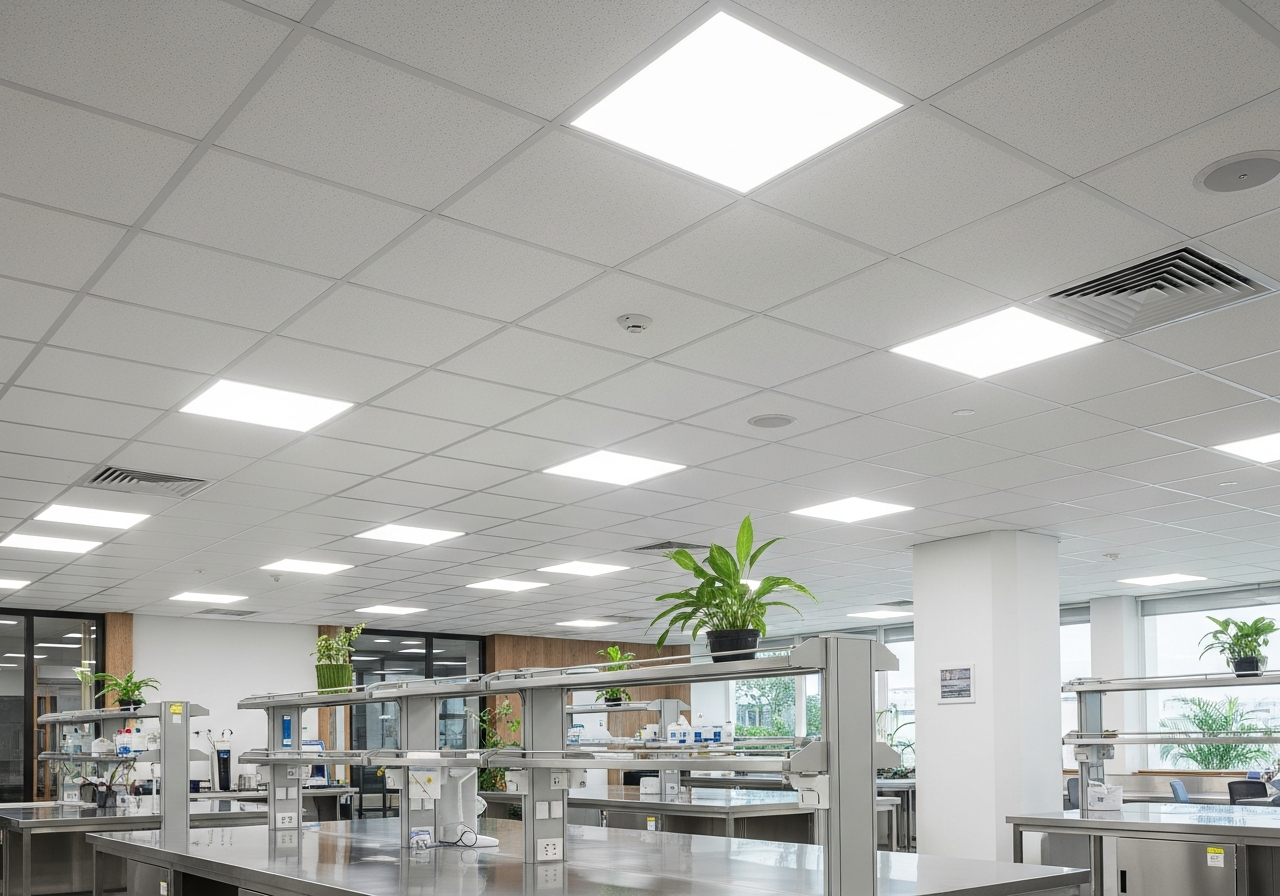 Laboratory preparation area with uniform grid ceiling and recessed lighting — Elysian False Ceiling