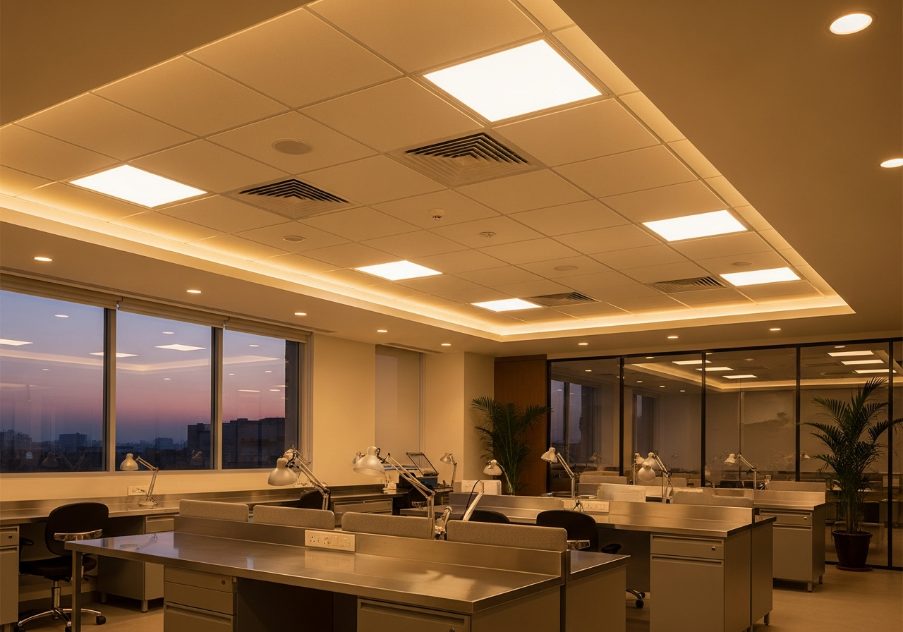 Lab ceiling grid framework installation showing precise alignment — Elysian False Ceiling