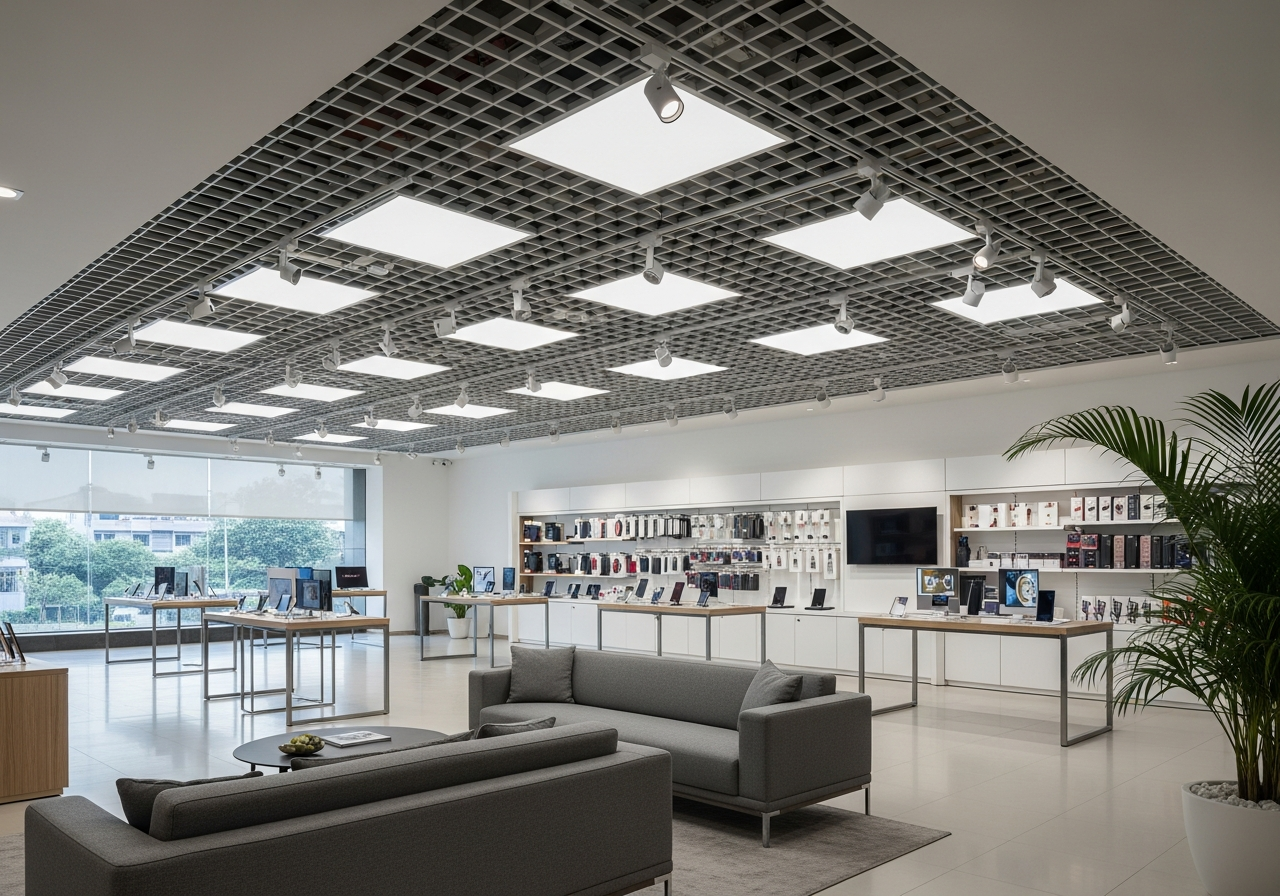 Electronics retail showroom with grid ceiling and product spotlight lighting, Jayanagar — Elysian False Ceiling