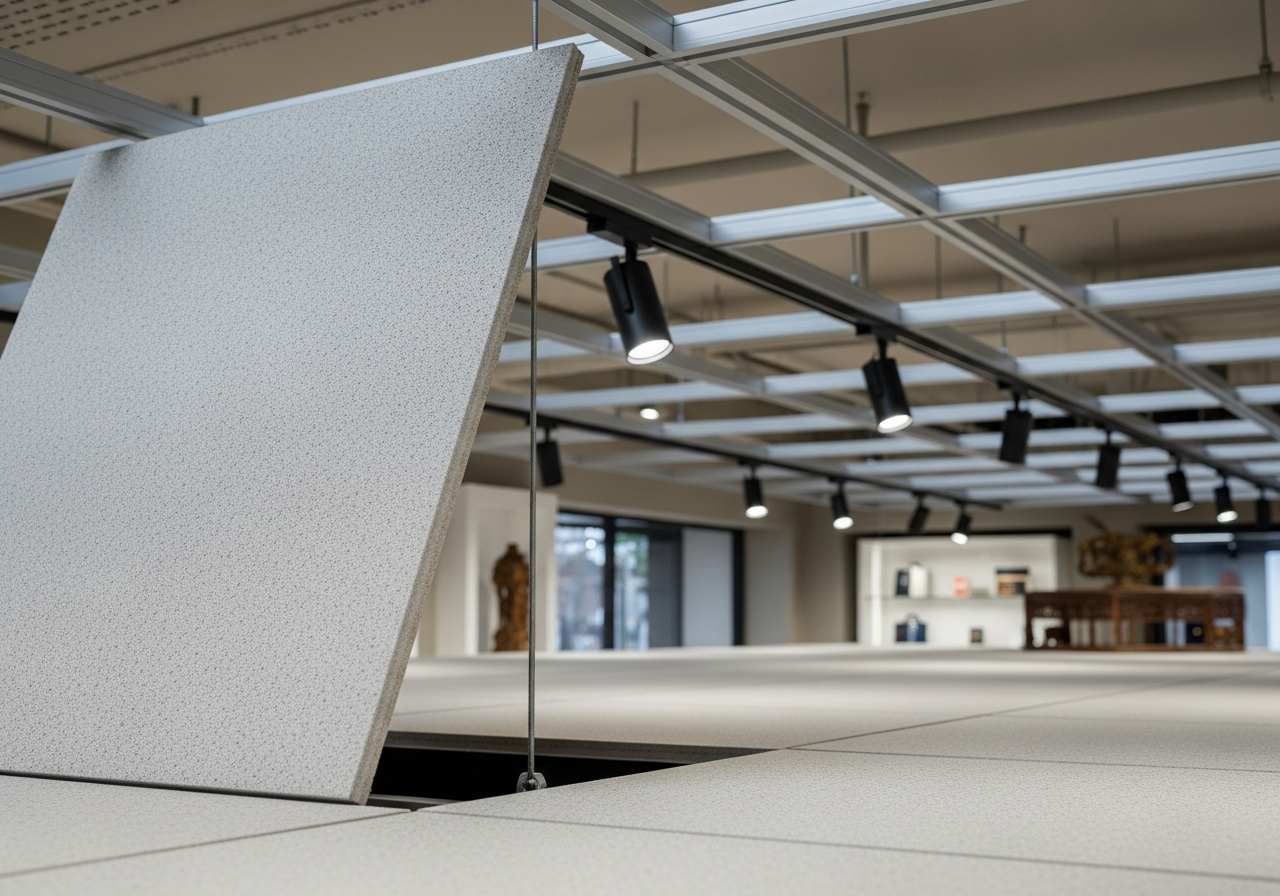 Above-grid track lighting system visible through lifted tile — Elysian False Ceiling