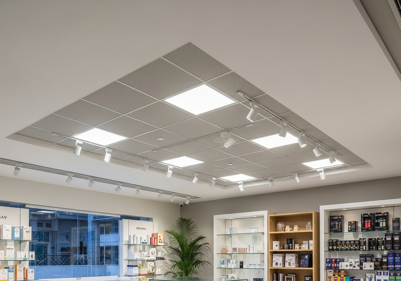 Product display zone showing precise spotlight positioning through grid ceiling — Elysian False Ceiling