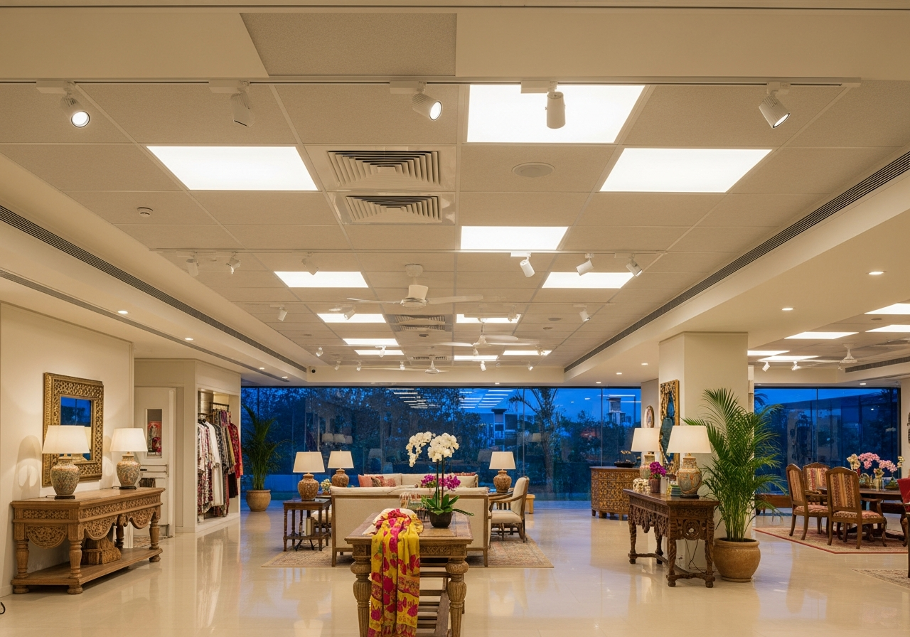 Wide showroom shot with uniform grid ceiling and multi-point display lighting — Elysian False Ceiling