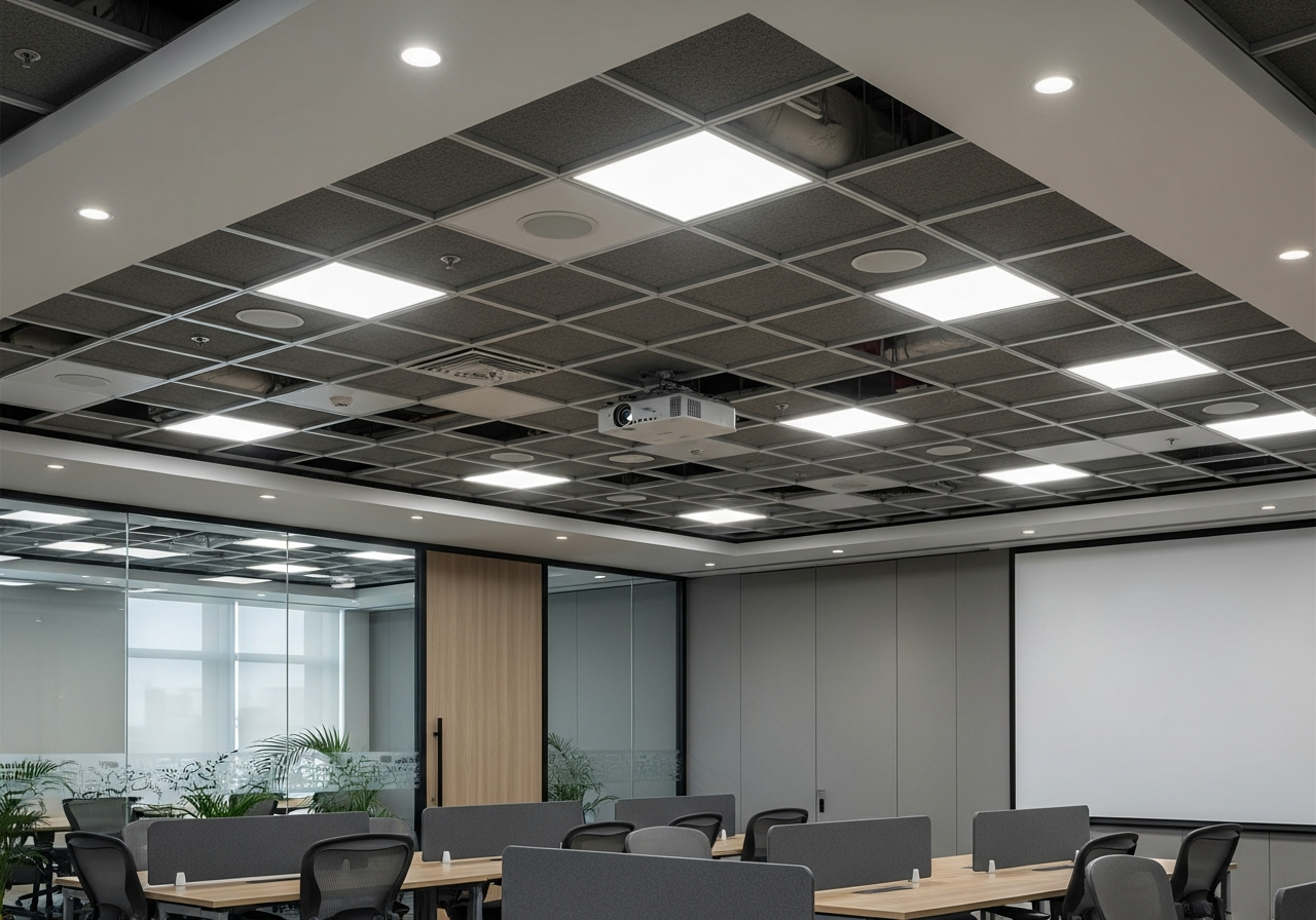 Corporate training room with high-NRC Armstrong acoustic grid ceiling, Marathahalli — Elysian False Ceiling