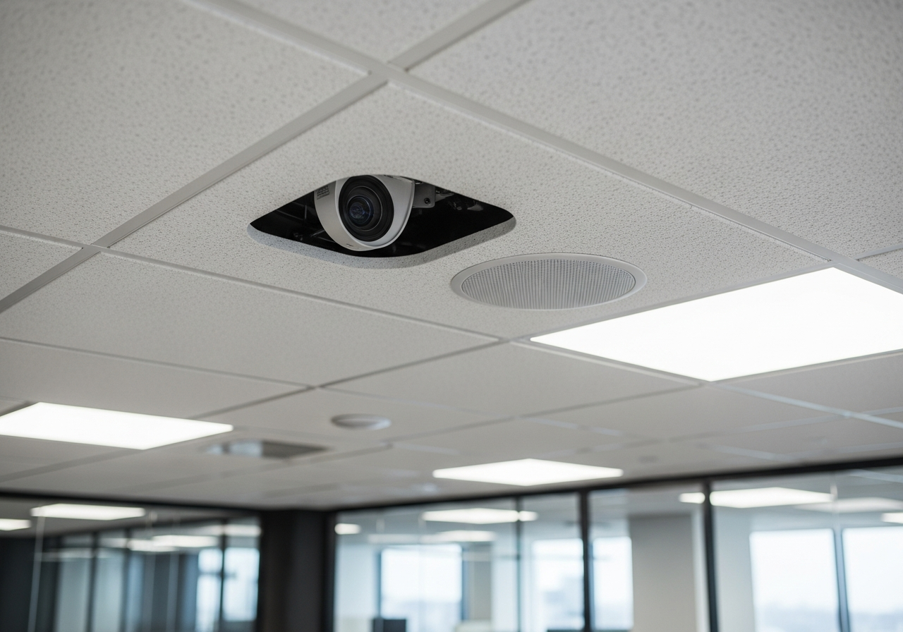 Ceiling-mounted projector and speaker integration in grid tile system — Elysian False Ceiling