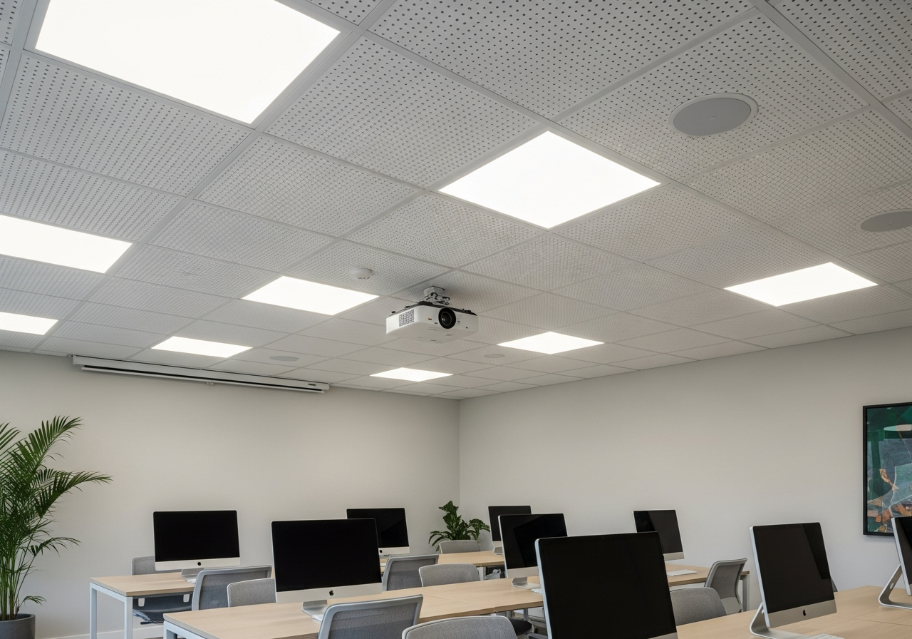 Classroom view showing acoustic tile ceiling with consistent panel light spacing — Elysian False Ceiling