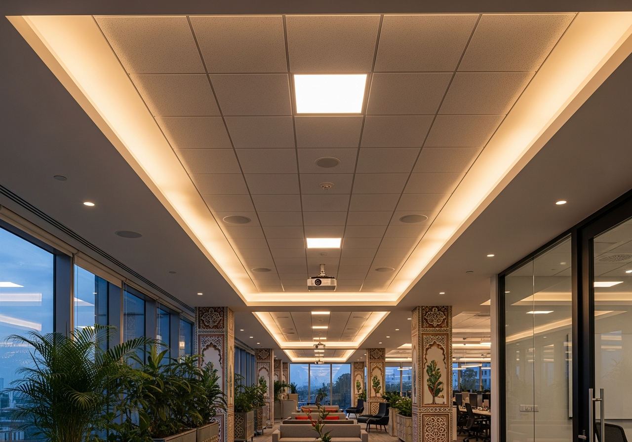 Training centre corridor with uniform grid ceiling connecting multiple rooms — Elysian False Ceiling