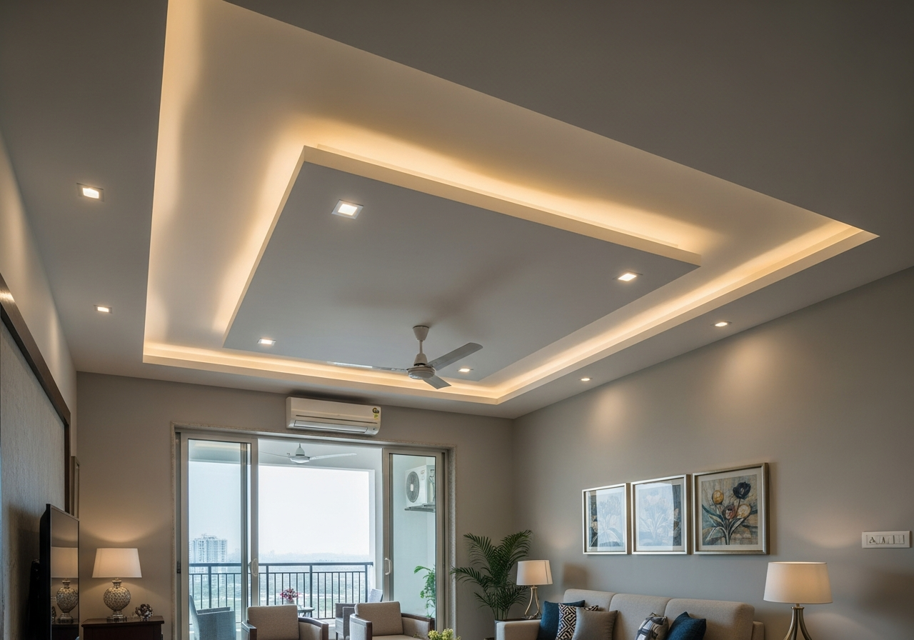 Full-home gypsum false ceiling with zoned lighting in 3BHK living room, Sarjapur Road — Elysian False Ceiling