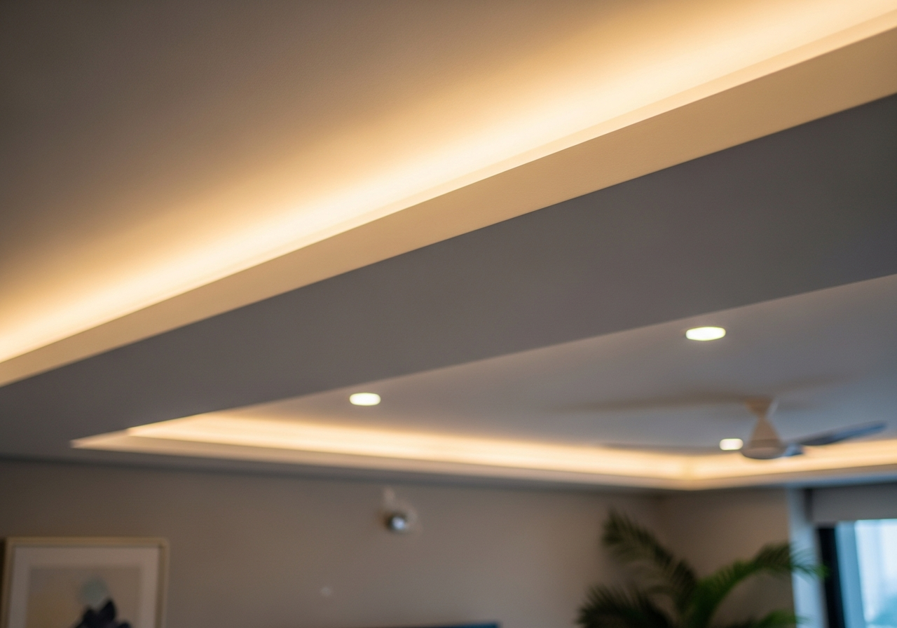 Tray ceiling with cove lighting in master bedroom showing three-zone lighting — Elysian False Ceiling