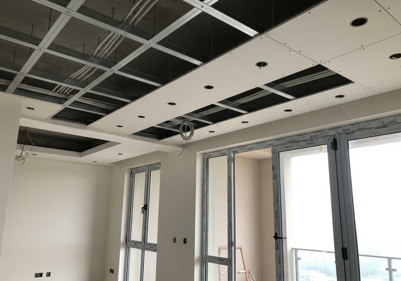 Gypsum board being fixed to GI framework during installation — Elysian False Ceiling