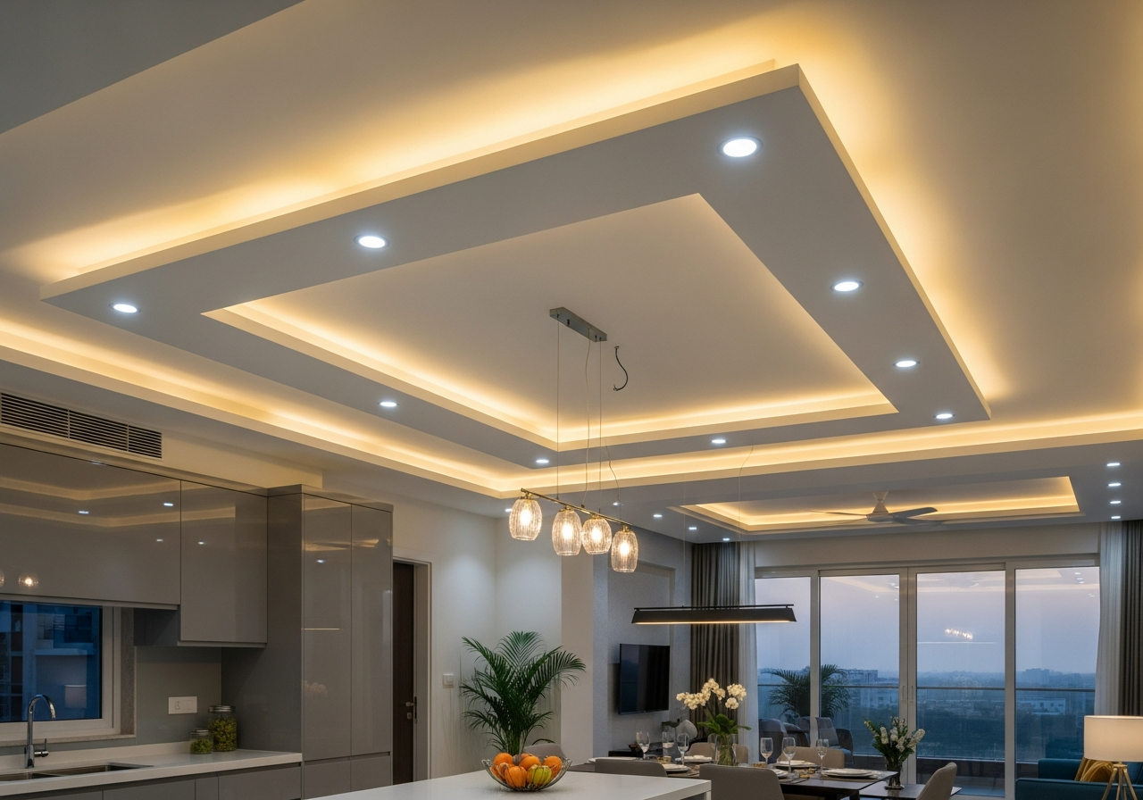 Kitchen and dining area with recessed downlights in gypsum ceiling — Elysian False Ceiling