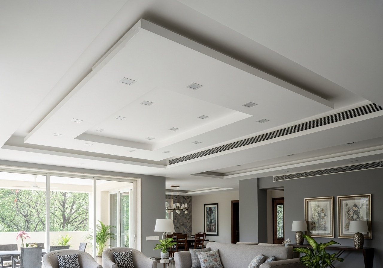4BHK villa living area with variable-height gypsum ceiling concealing AC ducts, Hebbal — Elysian False Ceiling