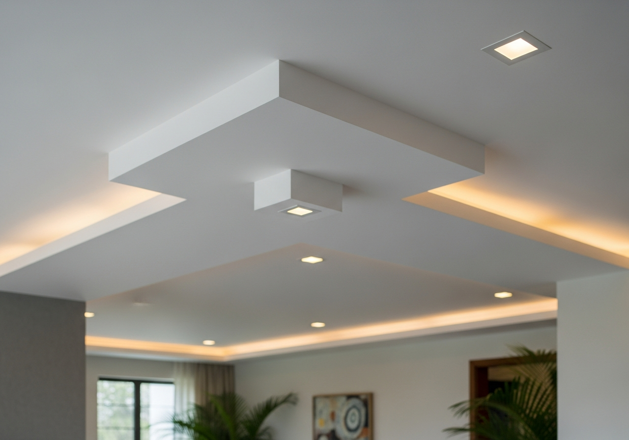 Stepped gypsum ceiling profile showing duct concealment as architectural feature — Elysian False Ceiling