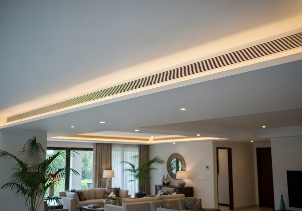 Linear AC diffuser integrated flush into gypsum ceiling surface — Elysian False Ceiling
