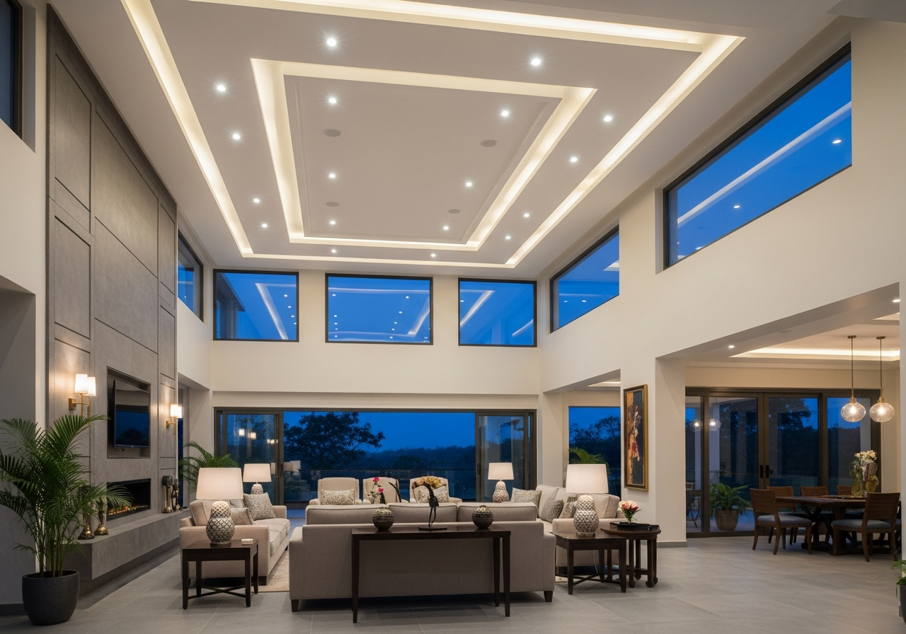 Wide shot of villa showing consistent gypsum ceiling across open-plan layout — Elysian False Ceiling