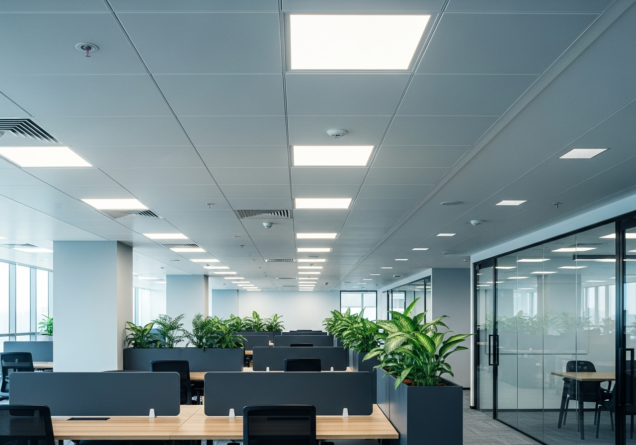 Open-plan IT office with flat gypsum ceiling and recessed panel lights, Electronic City — Elysian False Ceiling