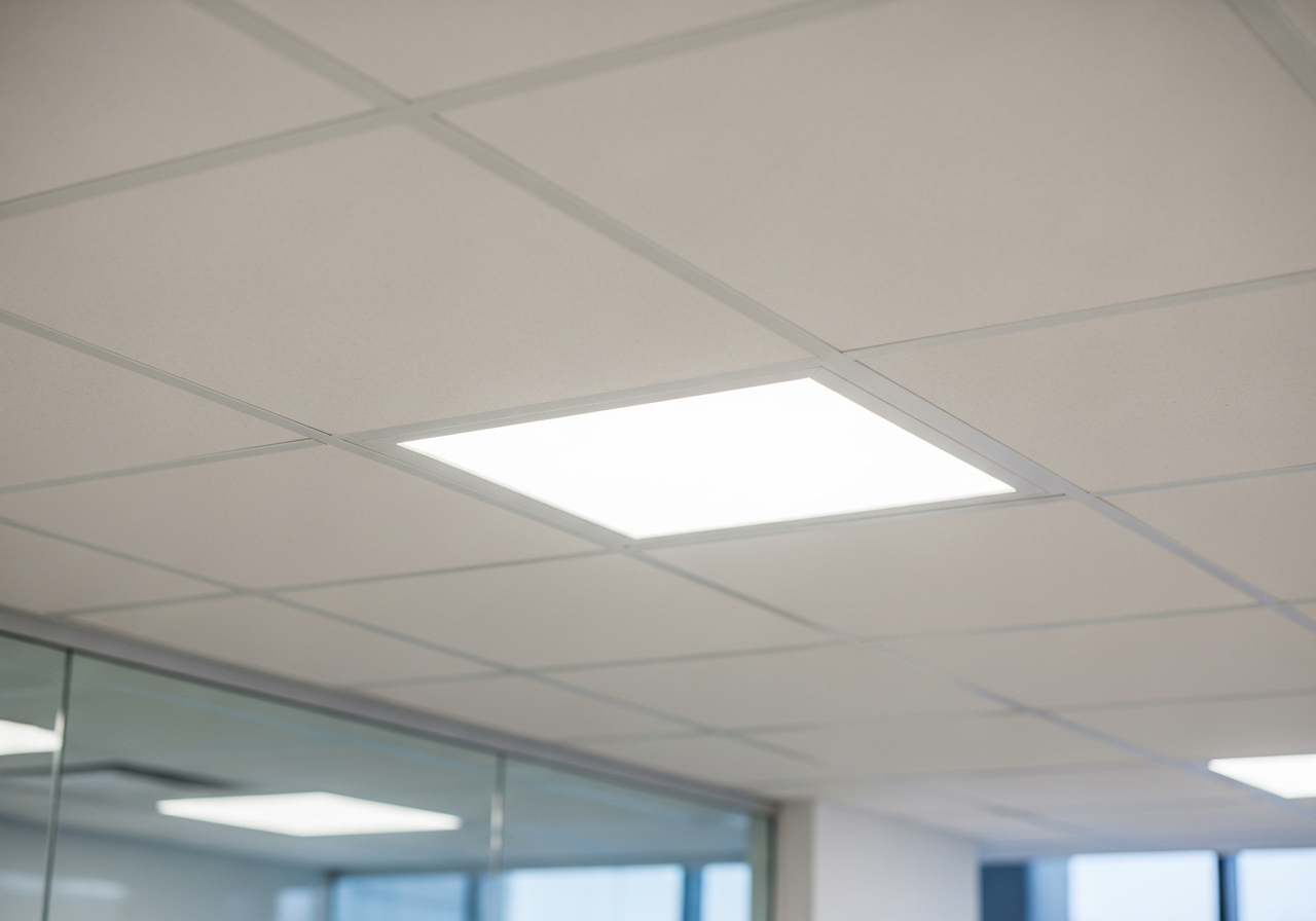Workstation area showing uniform, shadow-free lighting from gypsum ceiling — Elysian False Ceiling