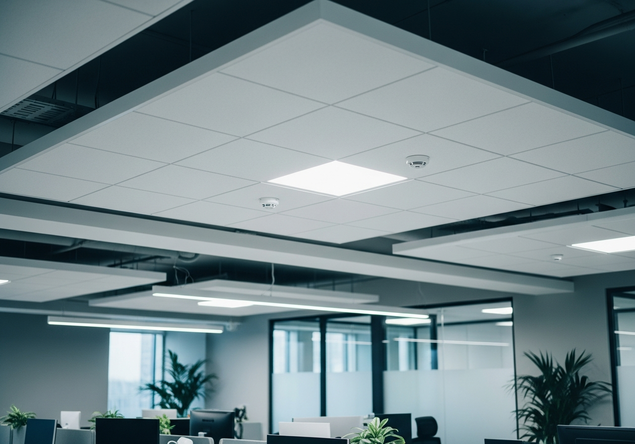 Sprinkler head and smoke detector integration in gypsum ceiling surface — Elysian False Ceiling