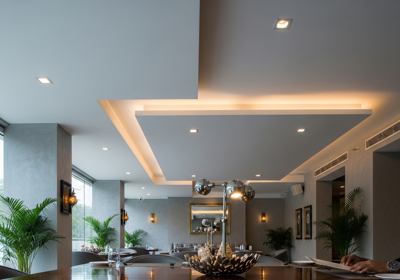 Boutique restaurant on Bannerghatta Road with three-zone gypsum ceiling design — Elysian False Ceiling