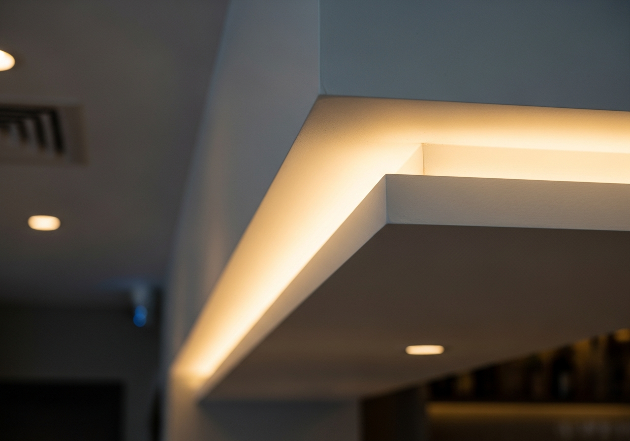 Bar area with flat gypsum ceiling and recessed lights contrasting with dining cove — Elysian False Ceiling