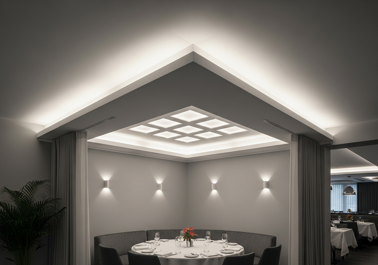 Private dining section with lower enclosed gypsum ceiling profile — Elysian False Ceiling