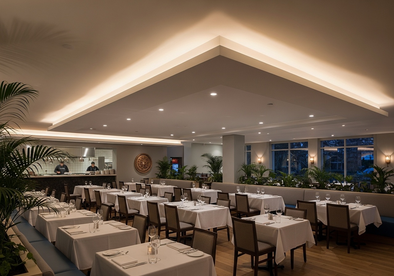Restaurant floor view showing continuous ceiling with distinct zone profiles — Elysian False Ceiling