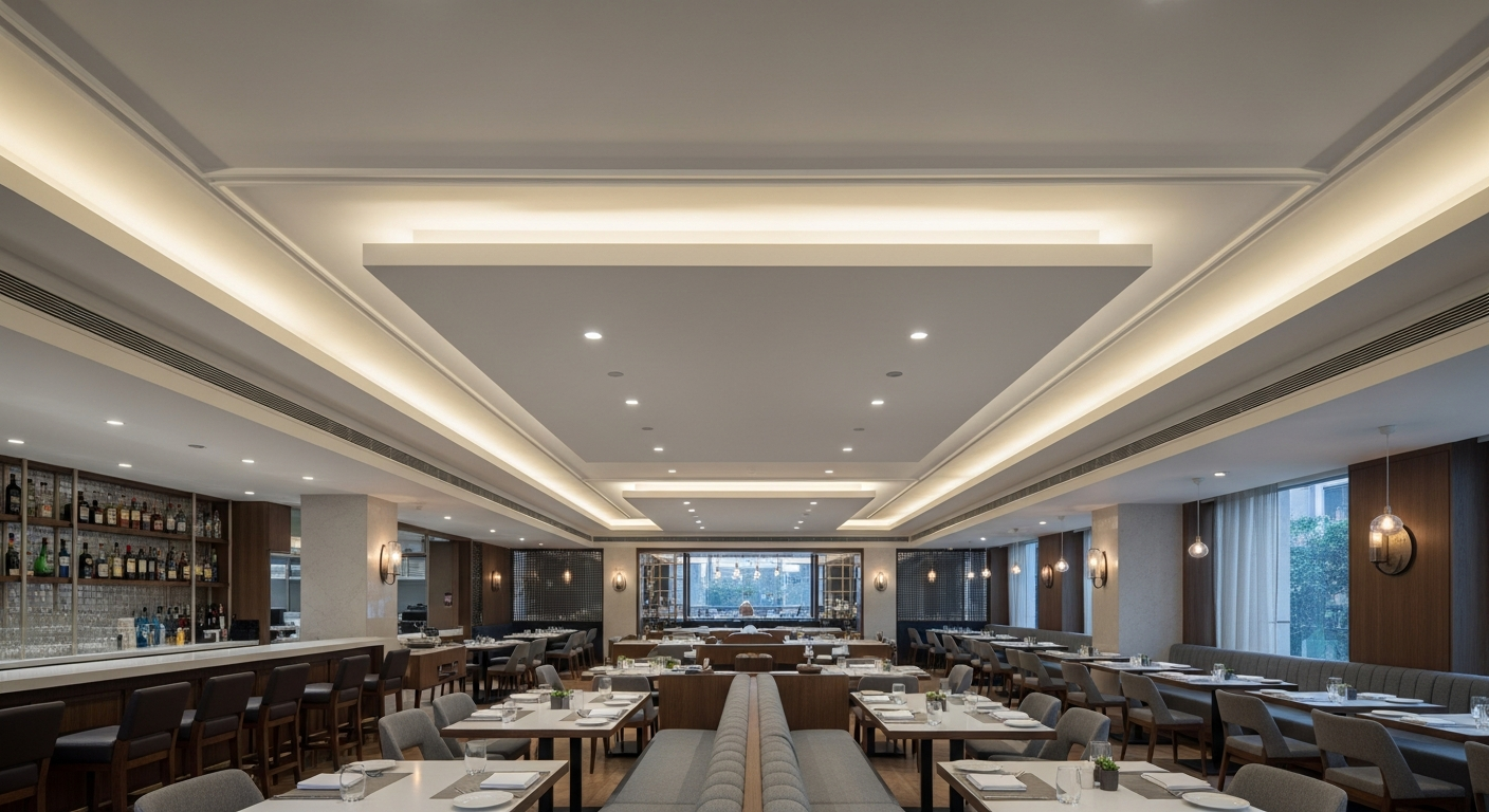 Gypsum false ceiling boutique restaurant commercial Bannerghatta Road Bangalore — Elysian False Ceiling