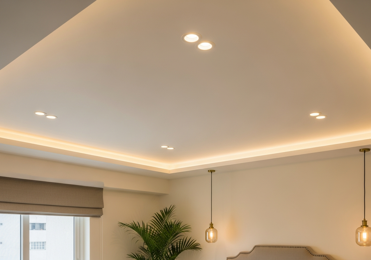 Bedroom POP ceiling with flat profile and recessed downlight — Elysian False Ceiling