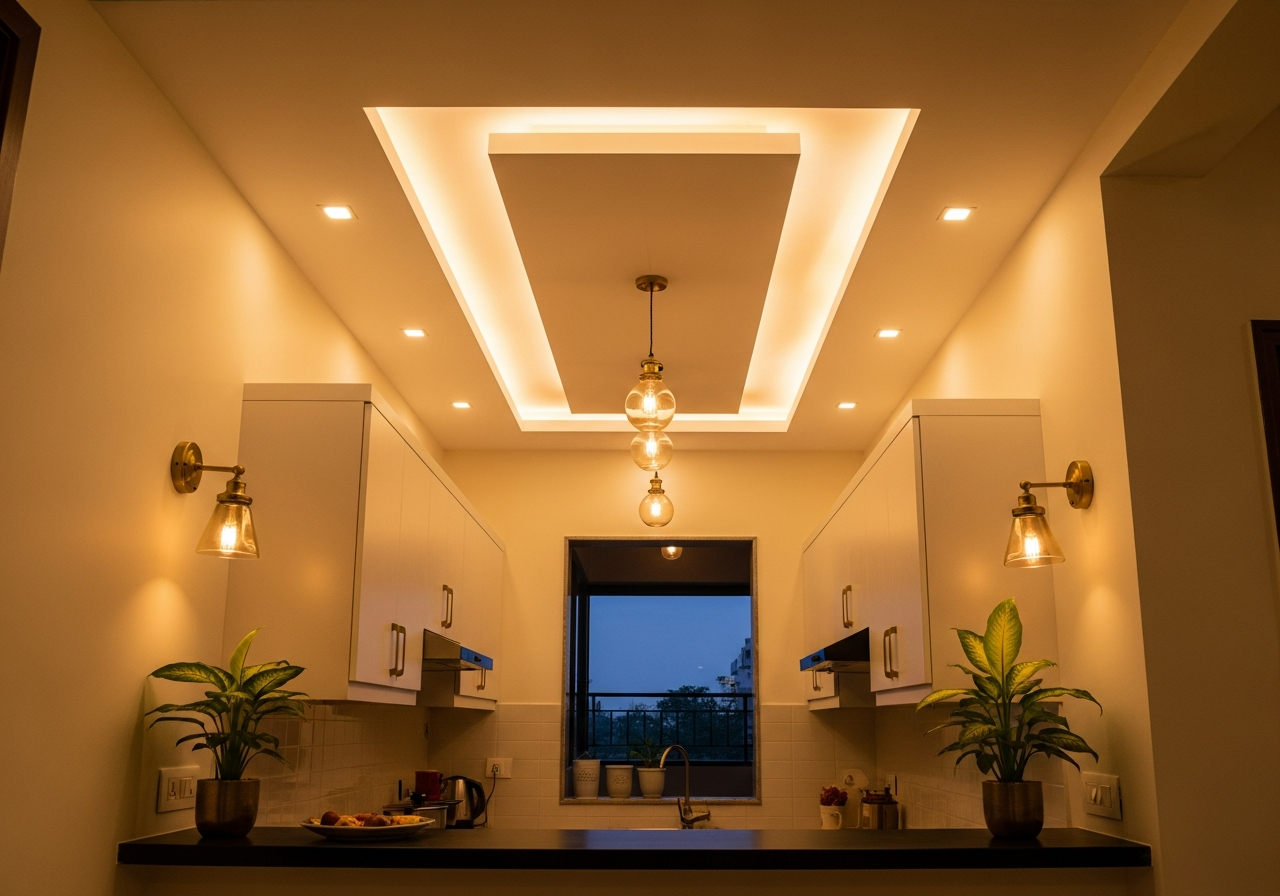 POP ceiling in compact kitchen area showing clean flat finish — Elysian False Ceiling