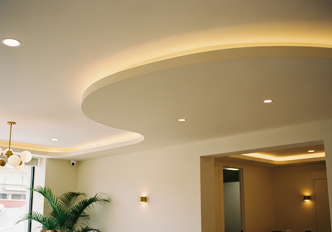 Dental clinic reception with curved POP ceiling and warm cove lighting, Indiranagar — Elysian False Ceiling