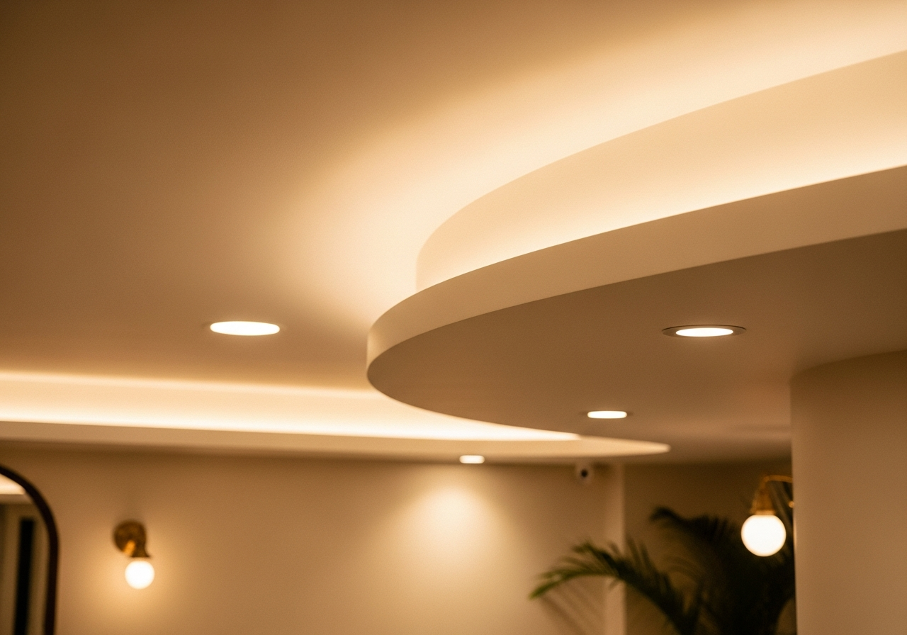 Close-up of POP ceiling curved edge in reception area — Elysian False Ceiling