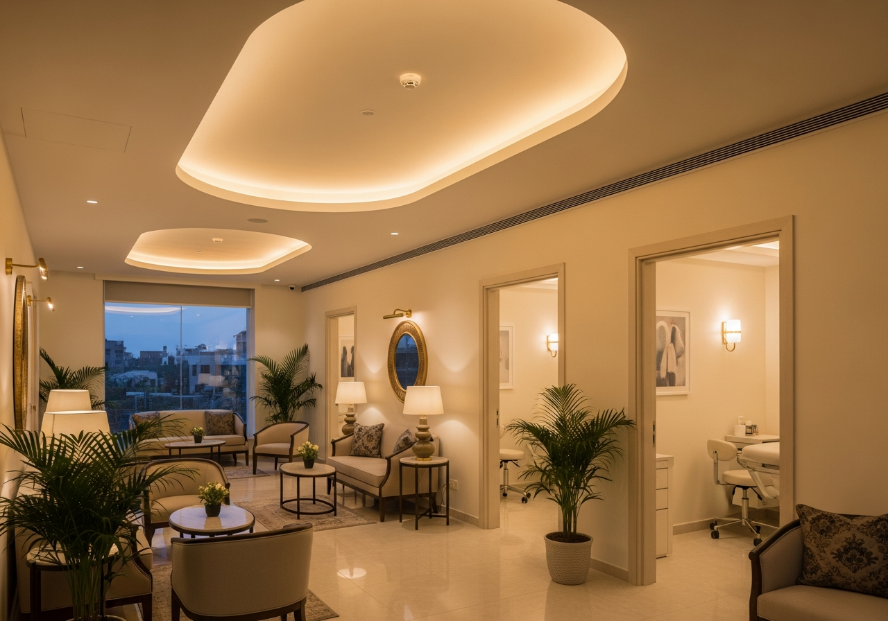 Full clinic floor view showing consistent POP ceiling across all rooms — Elysian False Ceiling